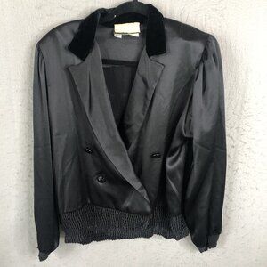 Vintage Velvet Trim Jacket Womens L Black Satin Whimsigoth Shiny Holiday